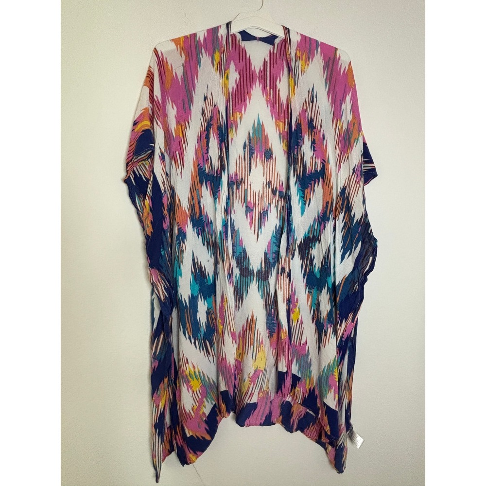 Avenue Zoe Kimono Wrap One‎ Size Multicolor Ikat Print Viscose Open Cover Up